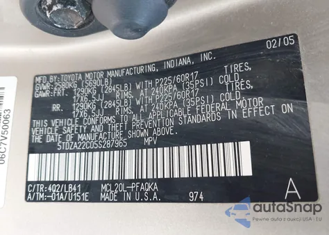 2005 Toyota Sienna Xle из США, поврежденный, VIN 5TDZA22C05S287965